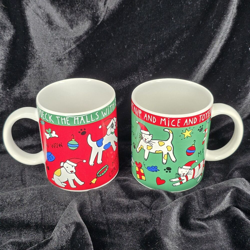 Vintage Riviera Van Beers by Signature Christmas Ceramic Cats Dogs Coffee Mug x2